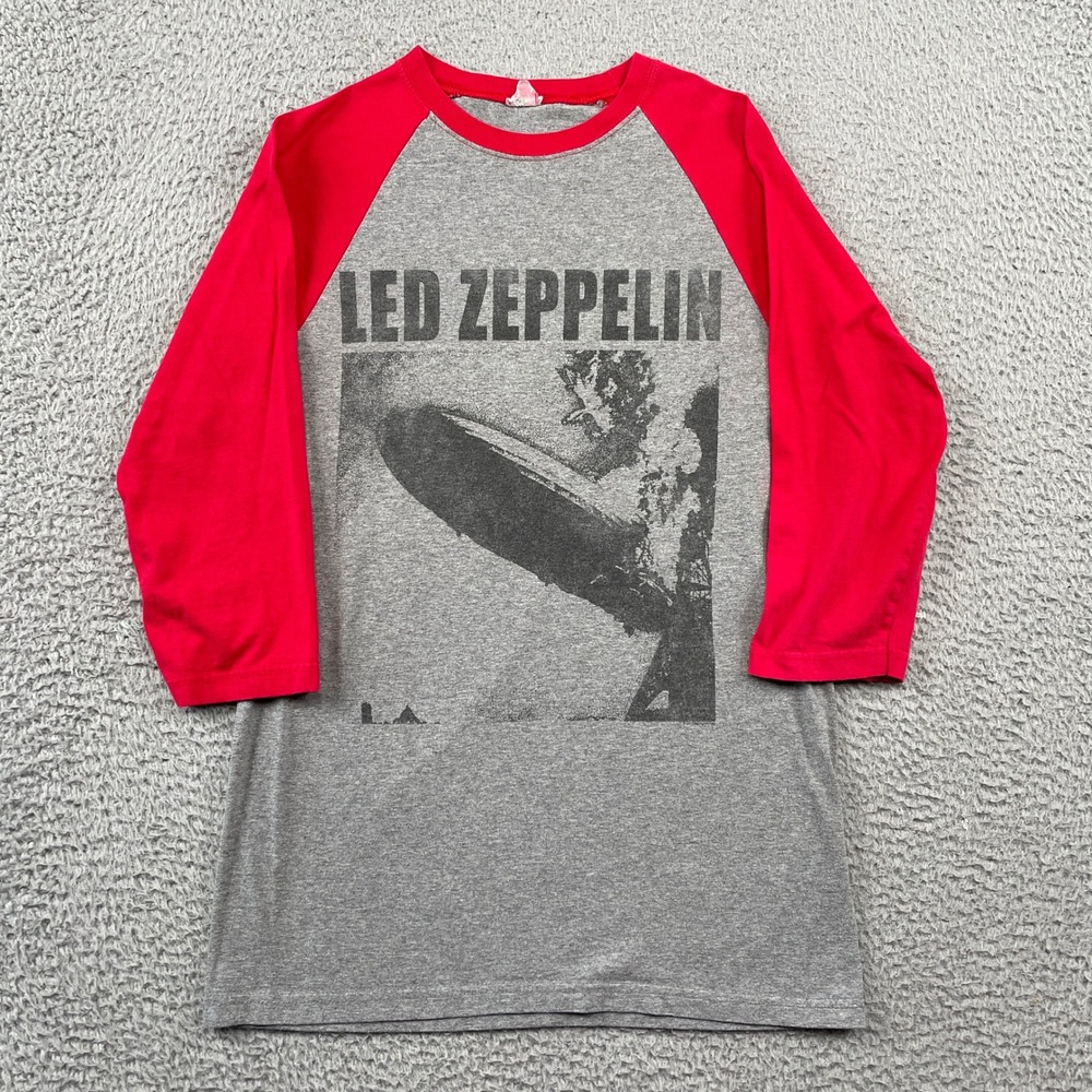 Led Zeppelin Baseball Tee Mens S Gray Red Hindenburg Graphic Raglan Rock Shirt